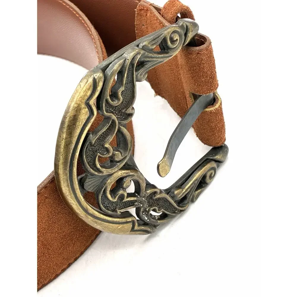 Wide Cognac Suede Belt 30-34 Inch Ornate Antiqued Brass Scroll Buckle Boho M/L